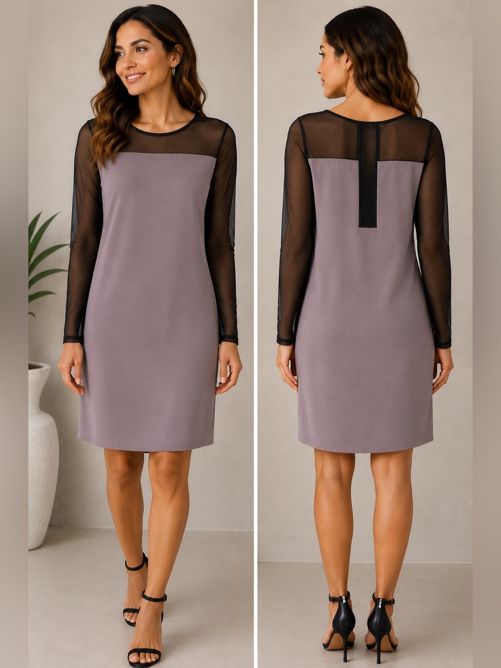 Lush Gray Shift Dress with Black Sheer Long Sleeves and Black Back Accent Panel